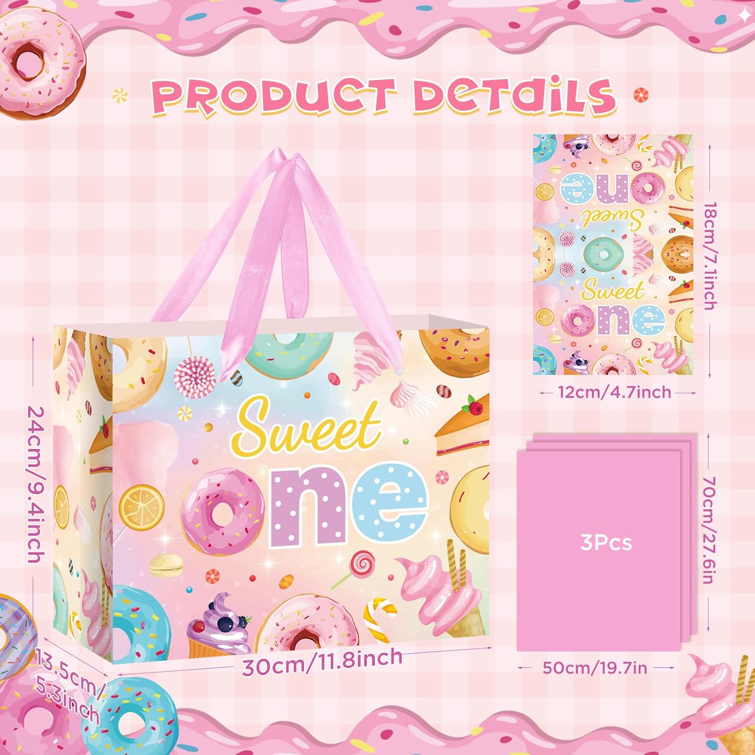 Sweet One Birthday Gift Bag Donut 1st Happy Birthday Gift Bag with Card and Tissue Paper Sweet First Donut Ice Cream Gift Wrapping Bag Treat Goodie Bag for One Year Old Girl First Birthday Baby Shower