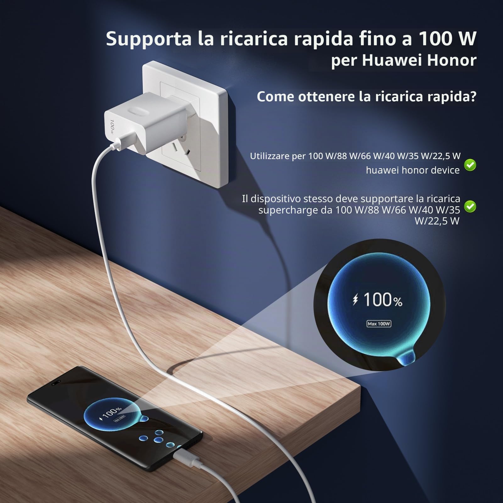 ACOCOBUY Caricabatterie rapido 100W e Cavo USB C a C 1 m per Honor 600 400 | Caricabatterie rapido USB-C PD ricarica rapida per Honor Magic 8 7 6 5 Lite V6 V5 V3 X5c X6b X6c X7e X8d X9d Pad 10 9 X9a X8a