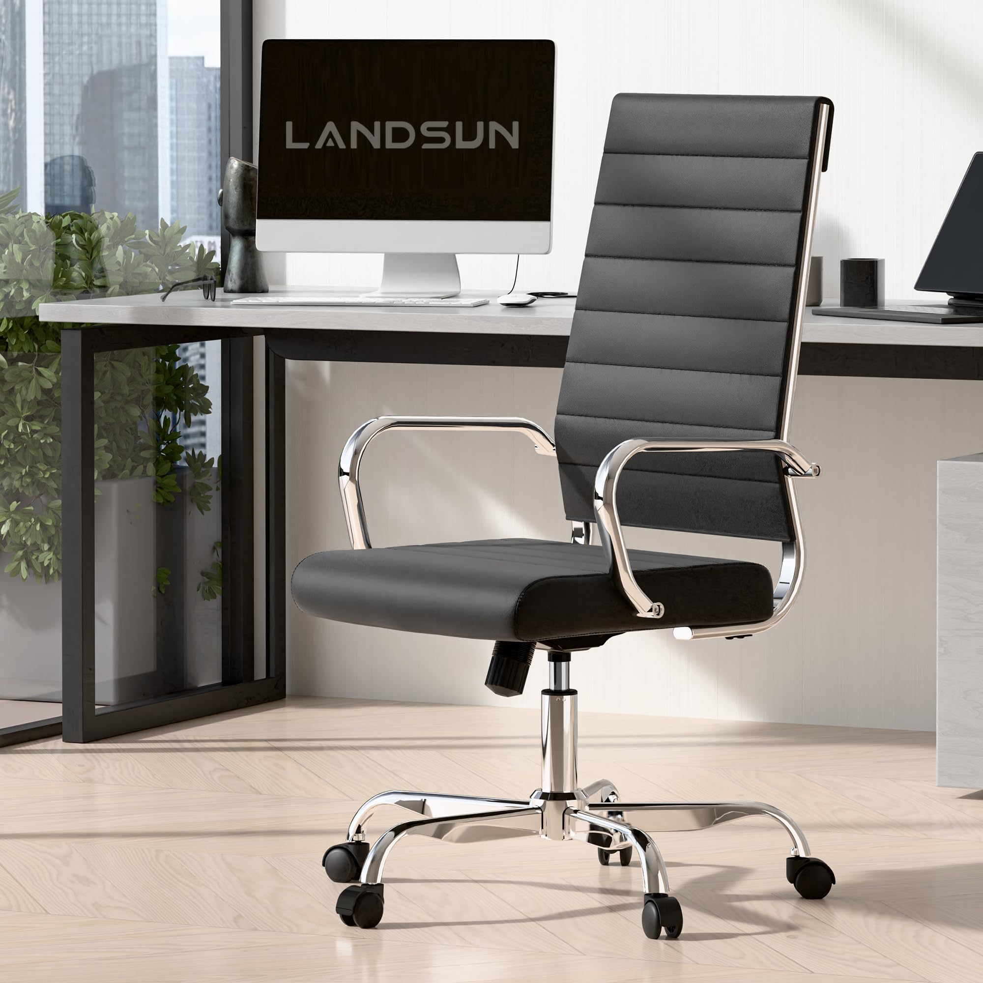 Silla de oficina para el hogar, de piel acanalada, con respaldo alto, giratoria, con ruedas y apoyabrazos, acolchado suave, altura ajustable, moderna, para conferencias, color negro 7