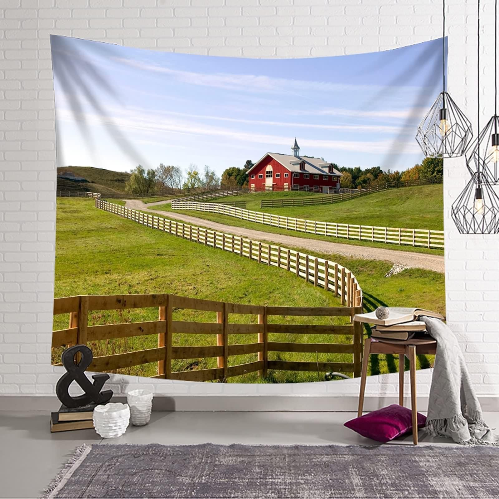 Skcess Wandteppiche Grün Rot, Polyester Tapestries Bauernhoflandschaft Tapisserie für Wohnzimmer Schlafzimmer Wohnheim Wanddeko Wandteppich 300x256CM