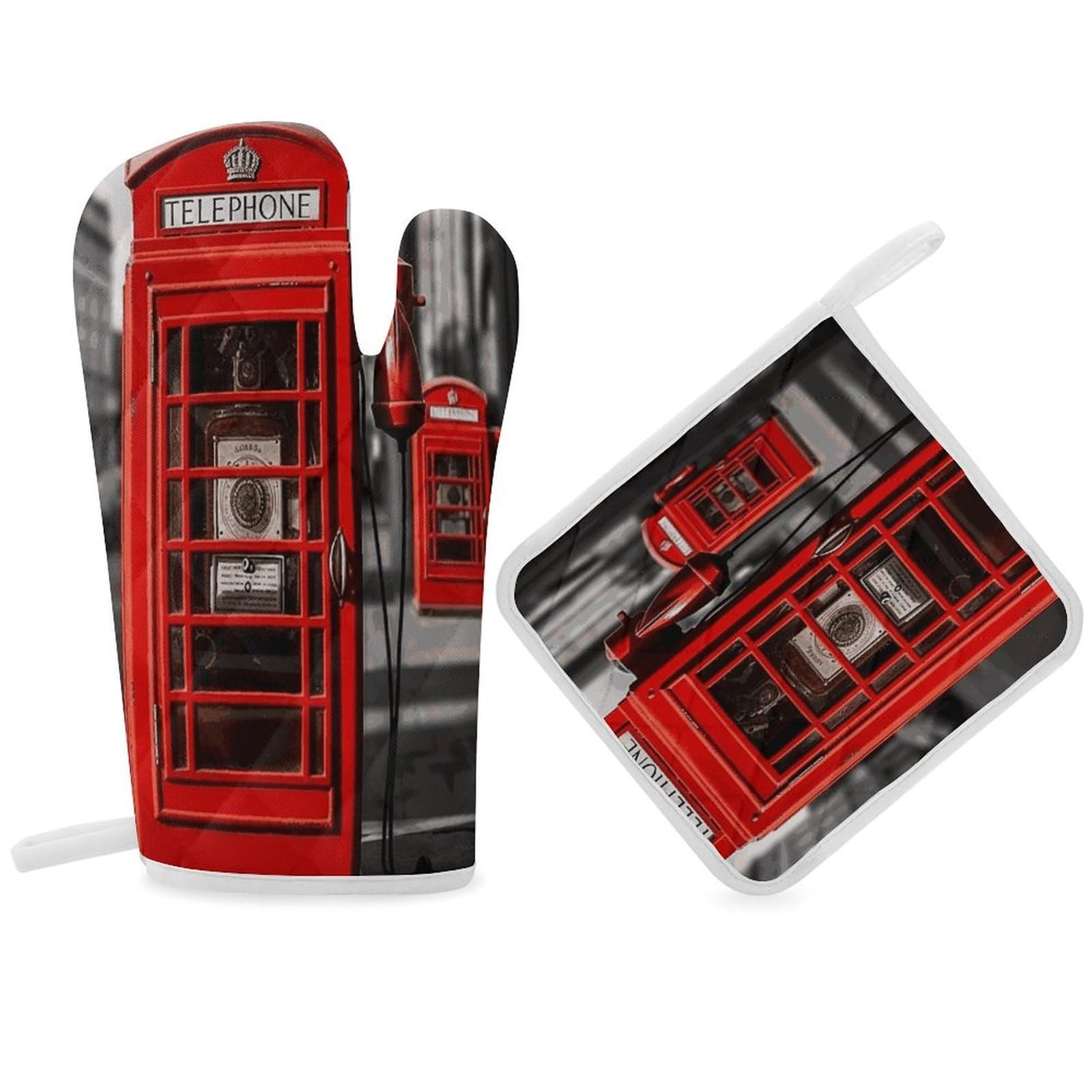 Fodpand Women's Style England Uk Retro London Telephone Oven Mitts And Pot Holders Sets,Oven Gloves For Kitchen Oven Mitts And Potholders For Baking Cooking Grilling Apartment Essentials
