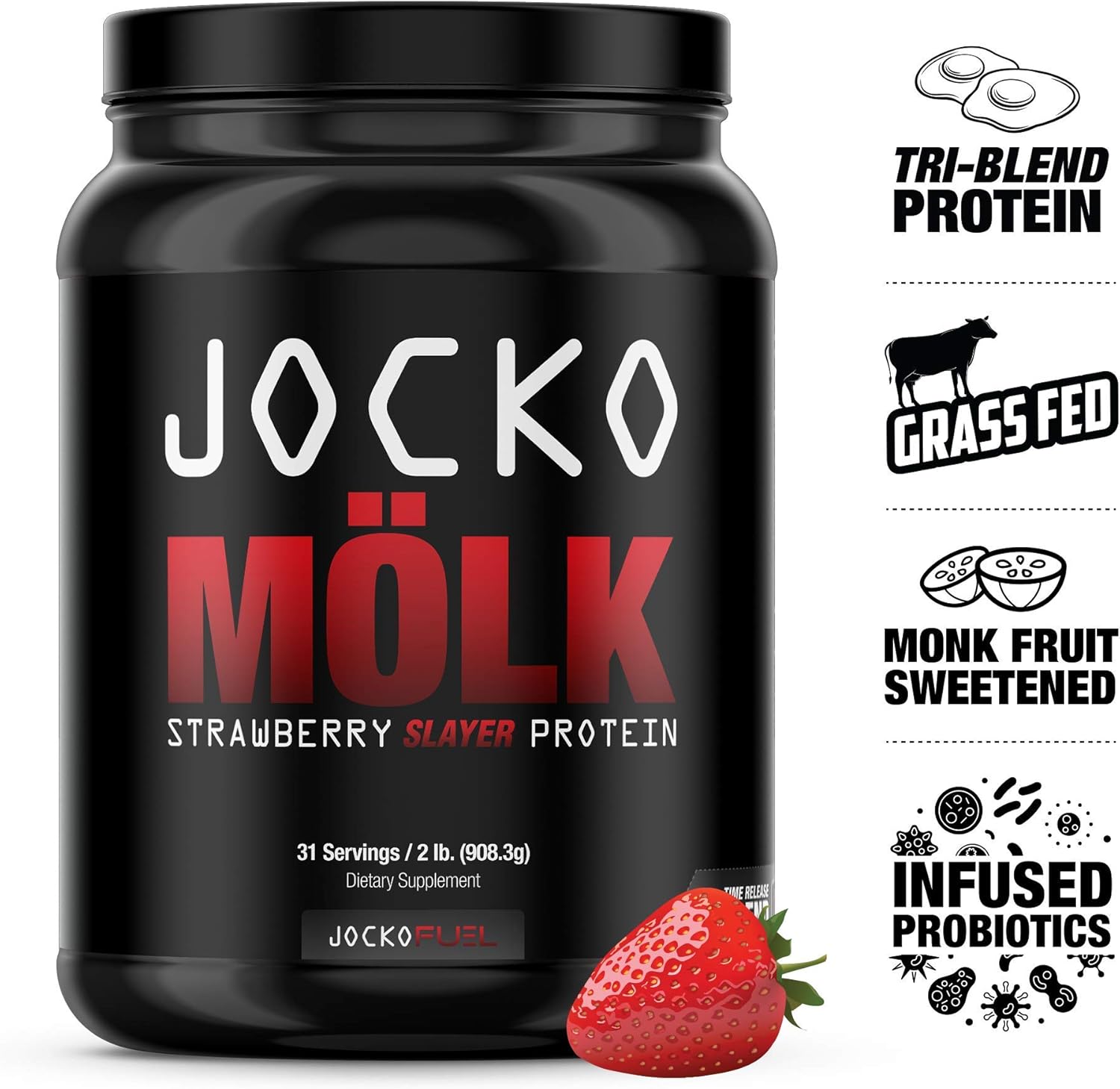 Jocko Mölk - 100% Grass-Fed Whey Isolate Protein Powder - Strawberry Flavor - Sugar-Free Monkfruit Blend - Amino Acids and Probiotics - 31 Servings - 2 Pounds : Health & Household