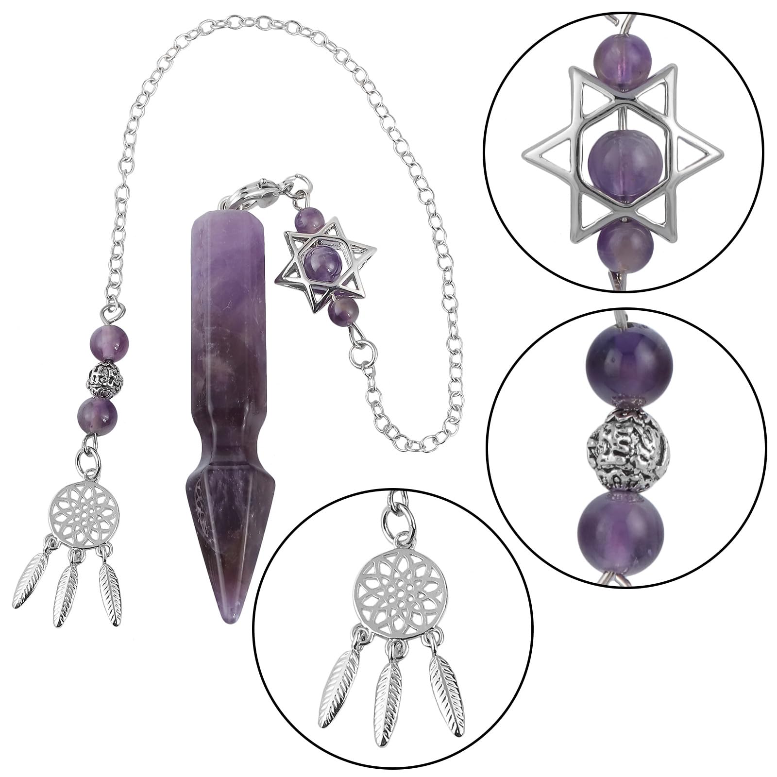 Nupuyai Amethyst Crystal Stone Point Dowsing Pendulum for Divination Scrying Arrow Shape Healing Stone Pendulum with Merkaba Star Dream Catcher Chain - Image 3