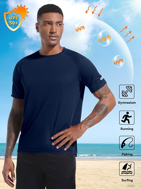 Korte T-shirts Heren Met UV-Bescherming UPF 50+ - Sneldrogend Sportshirt - Reflecterende Strepen