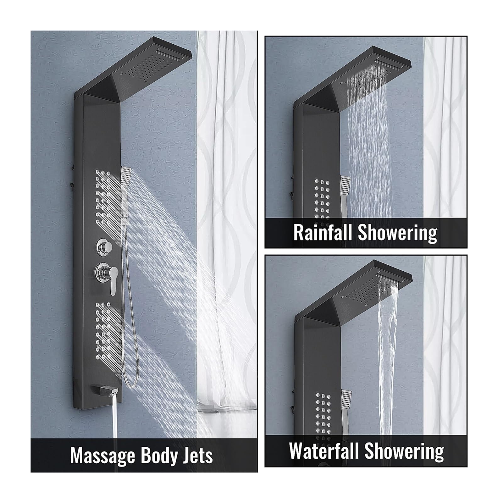 di Pannelli Doccia con Luce a LED ， Rubinetto for Doccia a Pioggia a Cascata ， Doccia con tti massaggianti Spa Vasca da Bagno con Bidet Rubinetti for Vasca da Bagno(Noir)