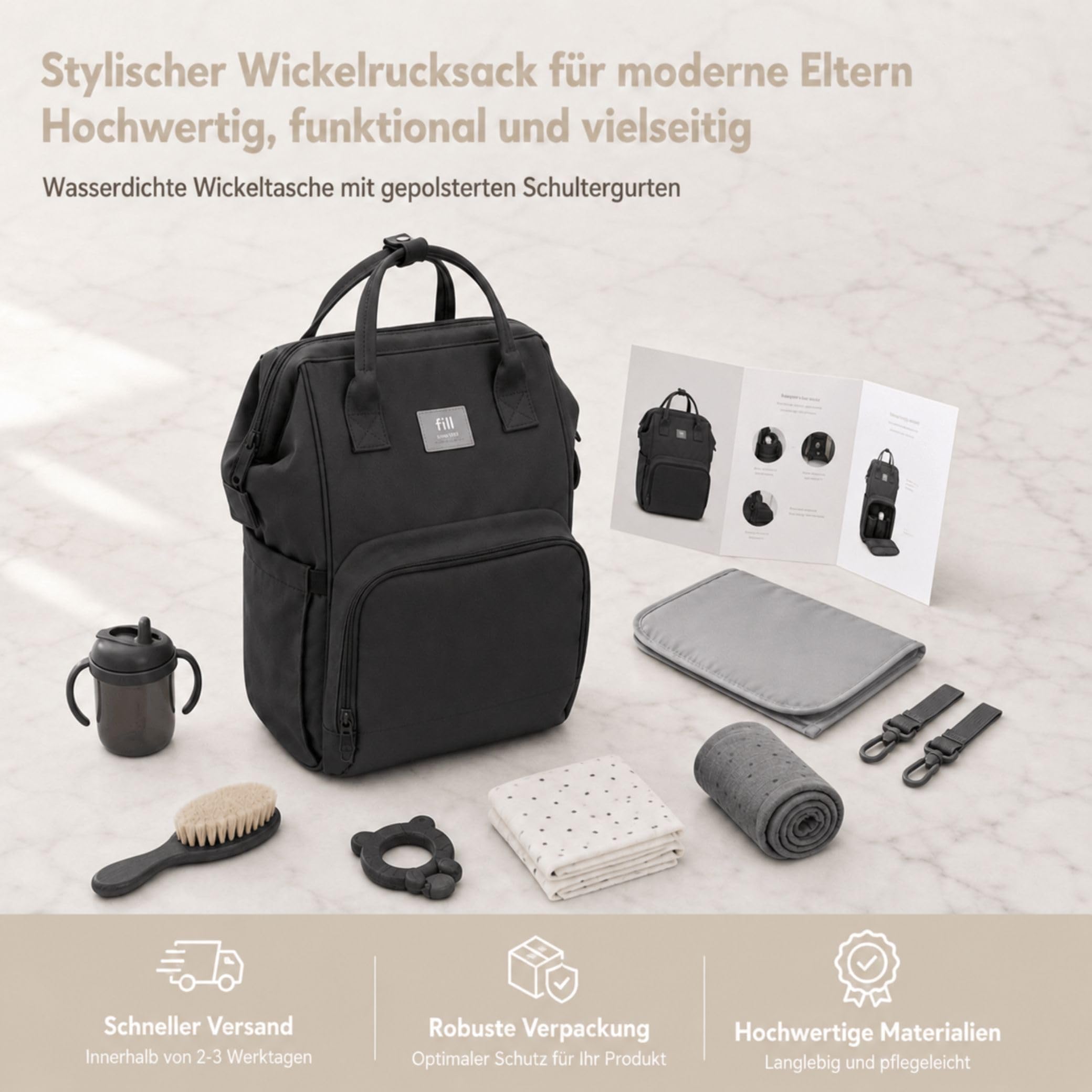 Fillikid Wickelrucksack Barcelona | Geräumiger & stylischer Rucksack mit vielen Fächern, isoliertem Flaschenhalter & Wickelauflage | Bequem tragbar & ideal für den Alltag mit Baby