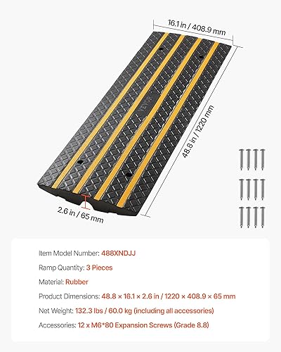 Vista 15 de VEVOR Rampa de goma para bordillo de automóvil, capacidad de carga de 33069 libras, rampa de puente de 2.6 pulgadas de altura con tiras reflectantes