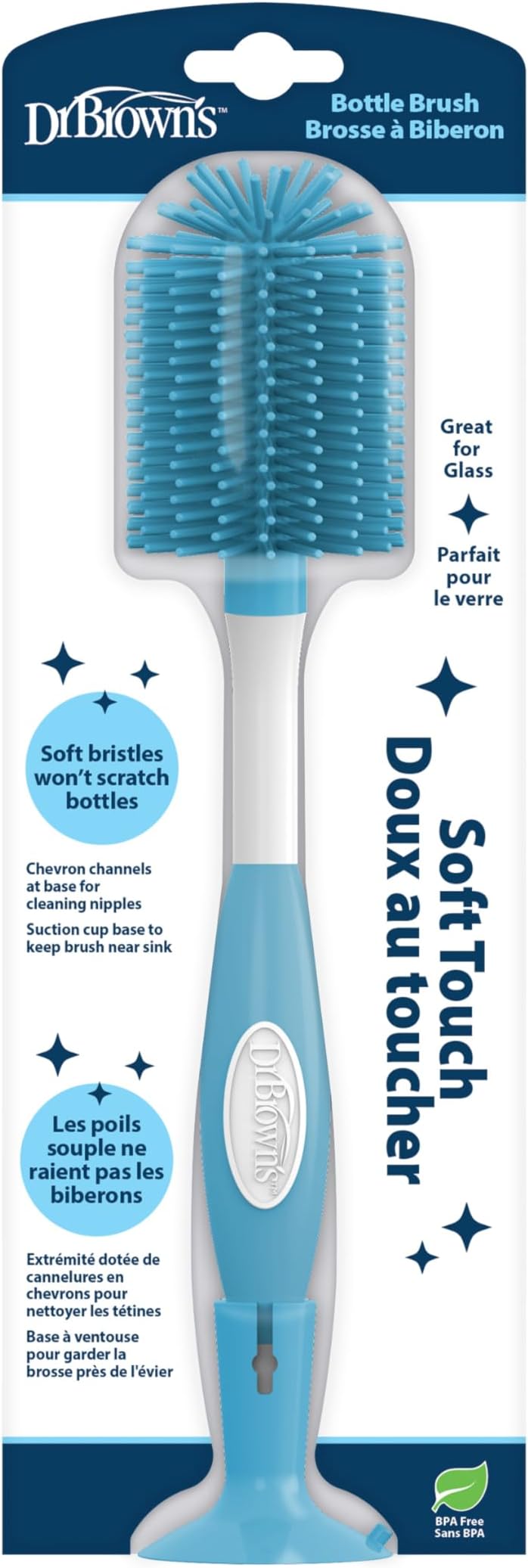 Soft Touch No Scratch Baby Bottle Cleaning Brush Nipple Cleaner with Stand and Storage Clip, BPA Free, Blue 1-Pack
