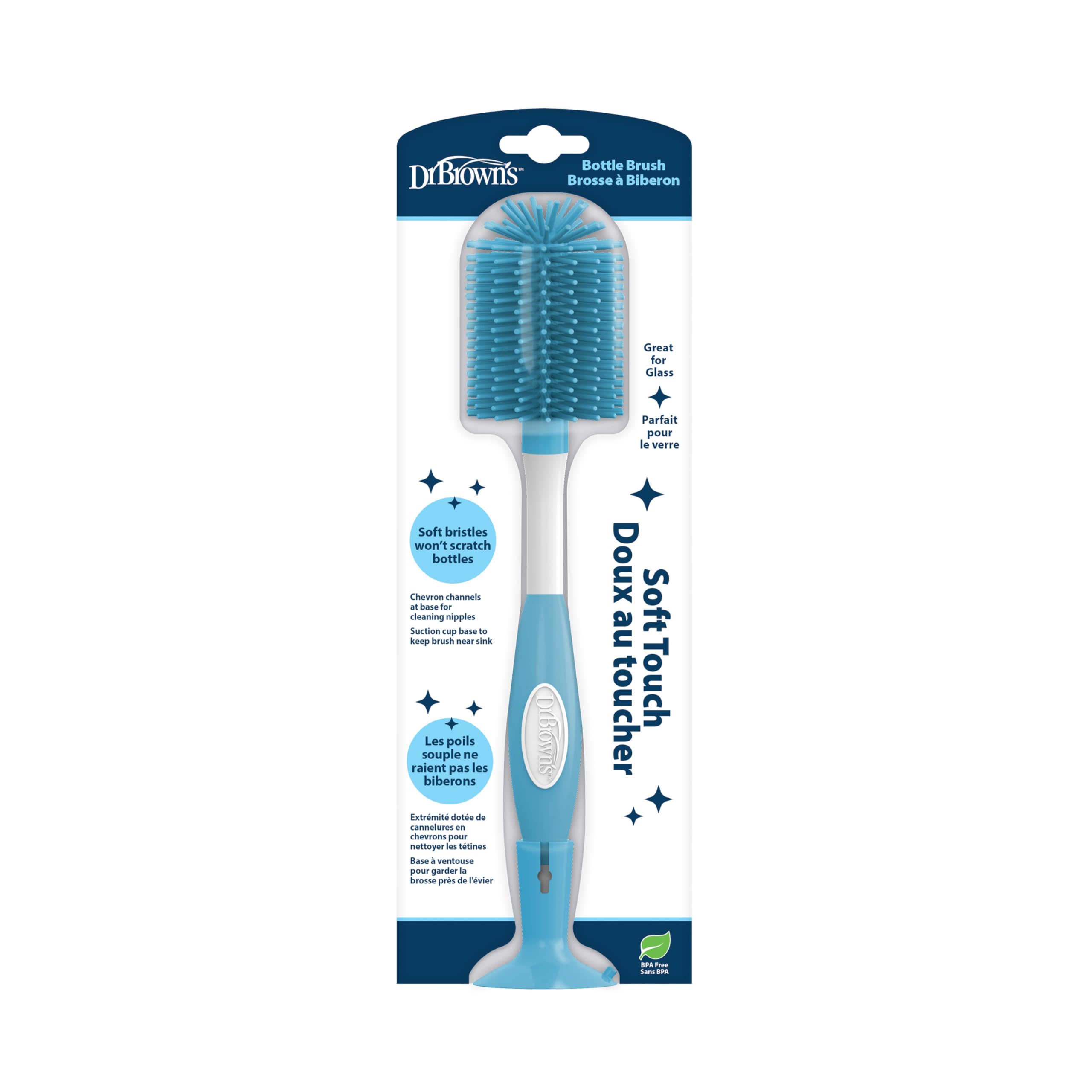 Dr. Brown's Soft Touch Bottle Brush with Nipple Cleaner (Blue) - BPA Free, Dishwasher Safe, Suction Cup Base