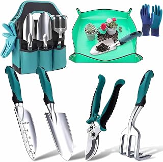 Gartenwerkzeug-Set, 7teiliges Garten-Handwerkzeug-Set Leichtgewichtiges Aluminium-Alloy-Rostschutz-Geschenkset mit strapazierbarem Aufbewahrungsbeutel und ergonomischem Anti-Rutsch-Griff (Blaugrün)