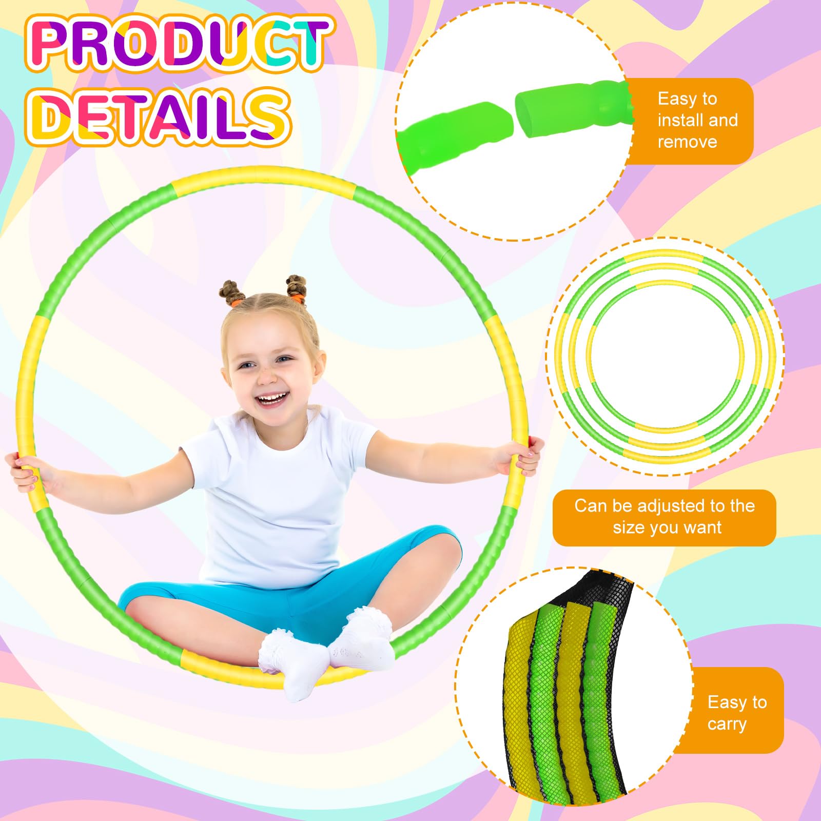 Halloscume 6 anelli per esercizi rimovibili per fitness, cerchio regolabile, giocattolo in plastica, giocattolo per fitness, giocattolo per patio, cerchi colorati per adolescenti, giochi