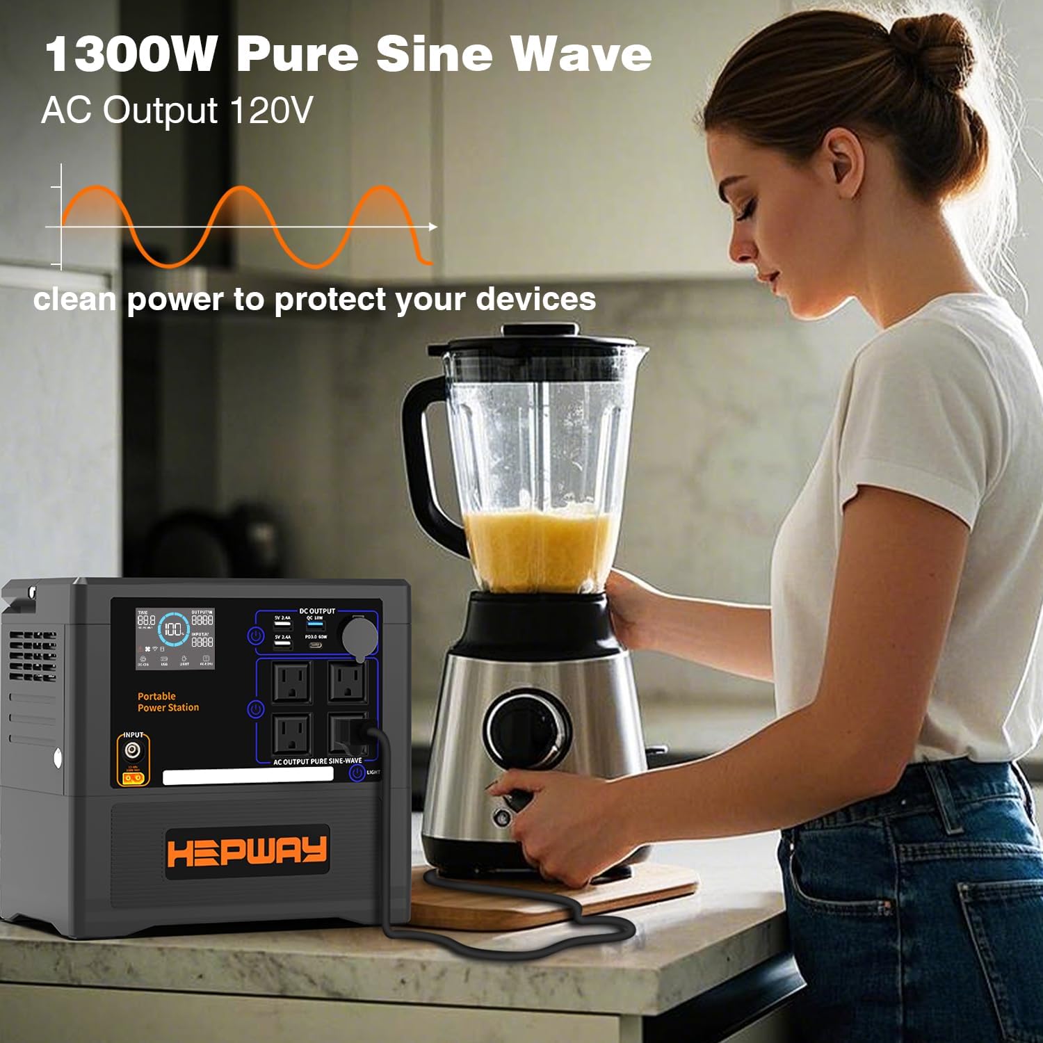 Woman using a blender powered by the Hepway P1300 Portable Power Station