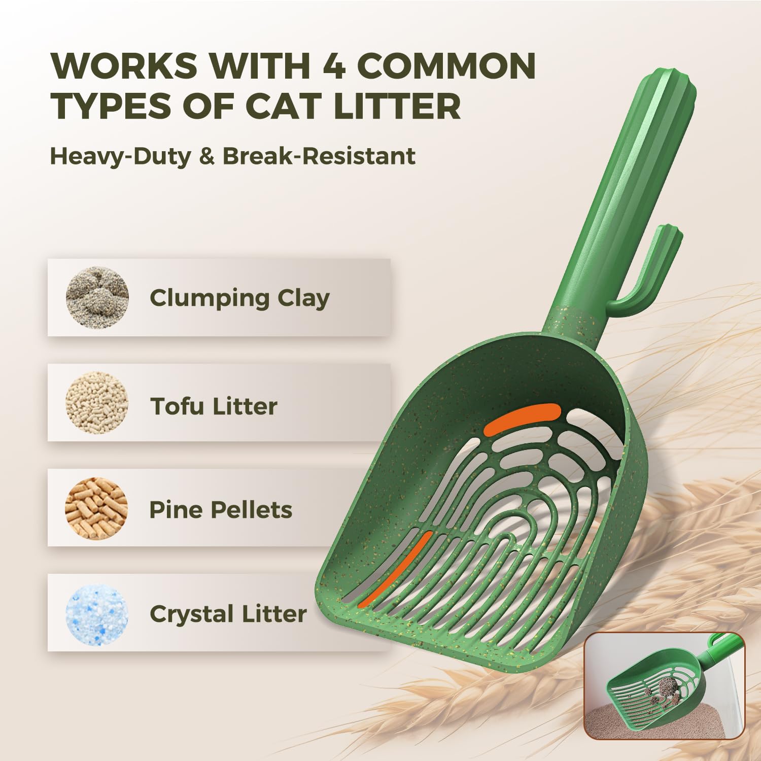 MUTTROS Cuchara de arena para gatos con 2 cucharas compostables reemplazables, pala de arena con soporte para caja de arena, el tamiz para gatos incluye 1 rollo de bolsas de arena para gatos y bolsa