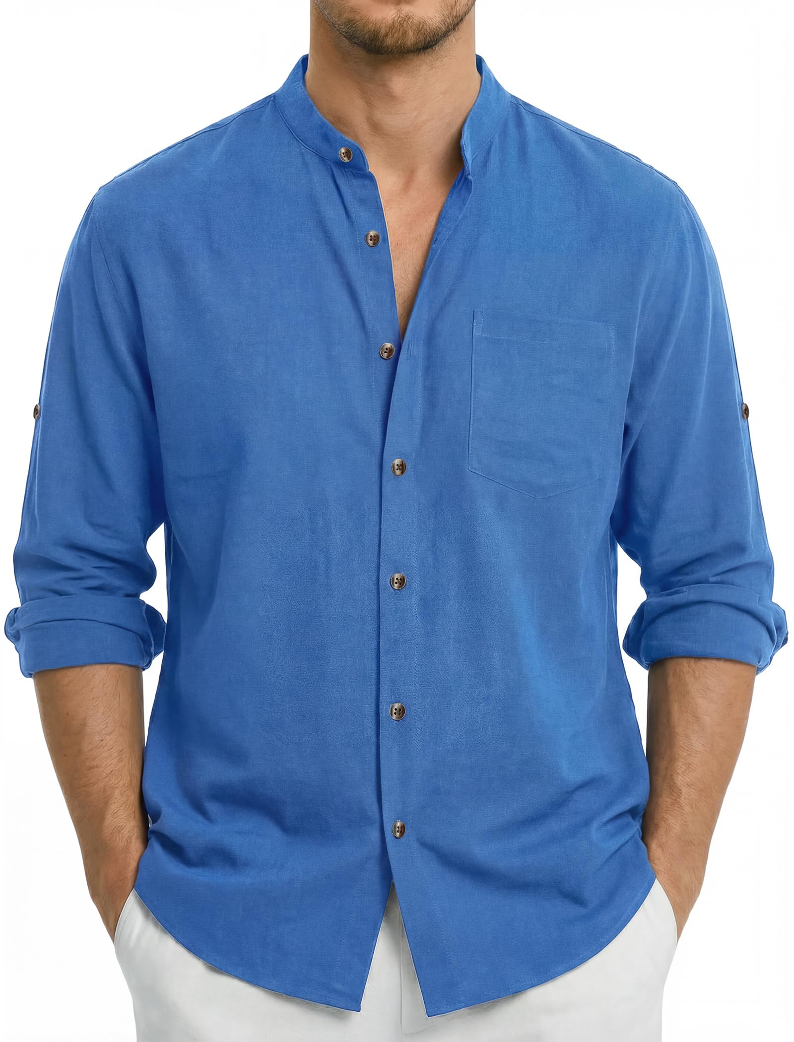 Enlision Camisa de Lino Manga Larga para Hombre Casual Cuello Mao Camisetas con Botónes Elegantes Playa Verde S-4XL