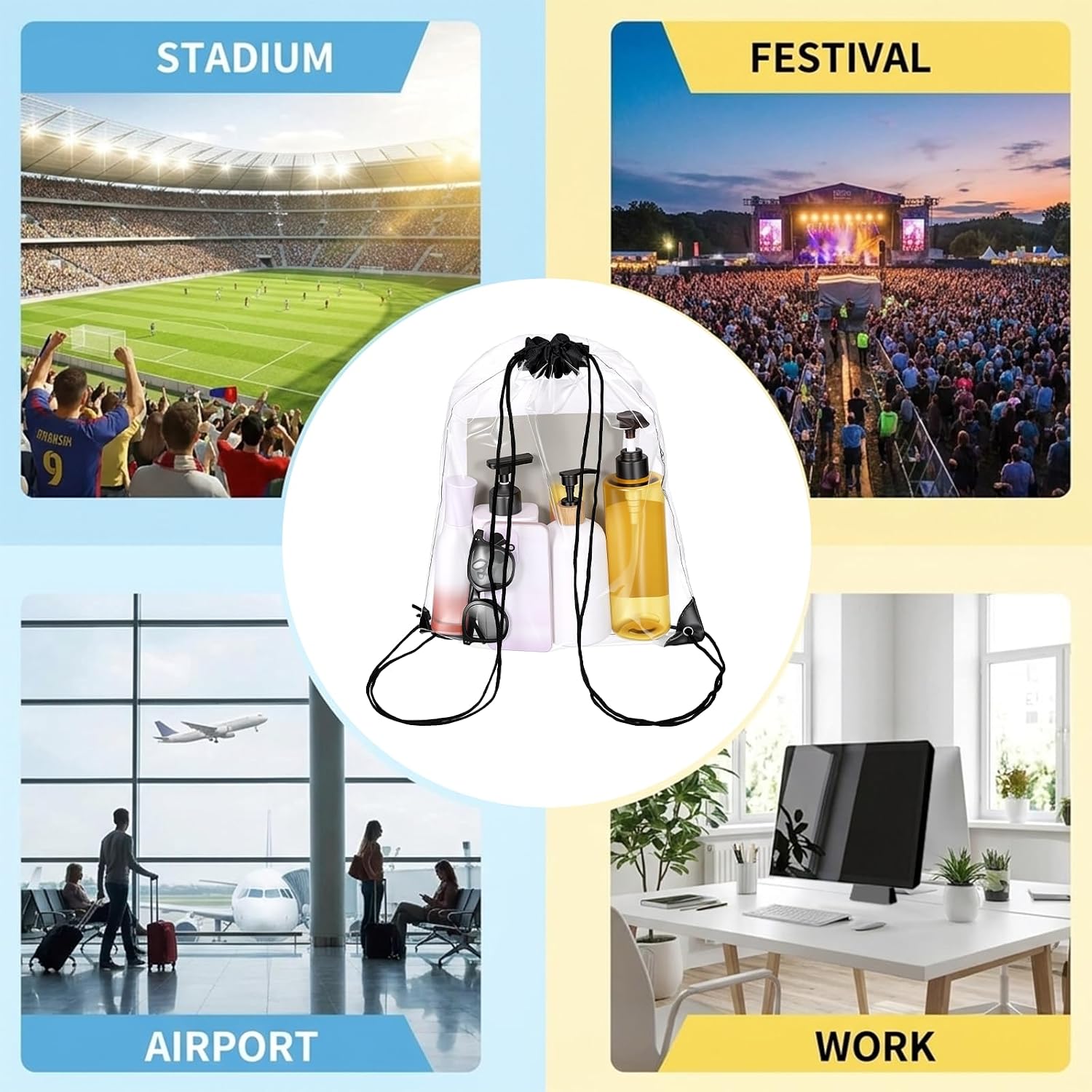 2 Pack Clear Drawstring Bags for Stadium Events, Waterproof Clear Cinch Bag for Gym Sports Concert Beach Makeup Bag