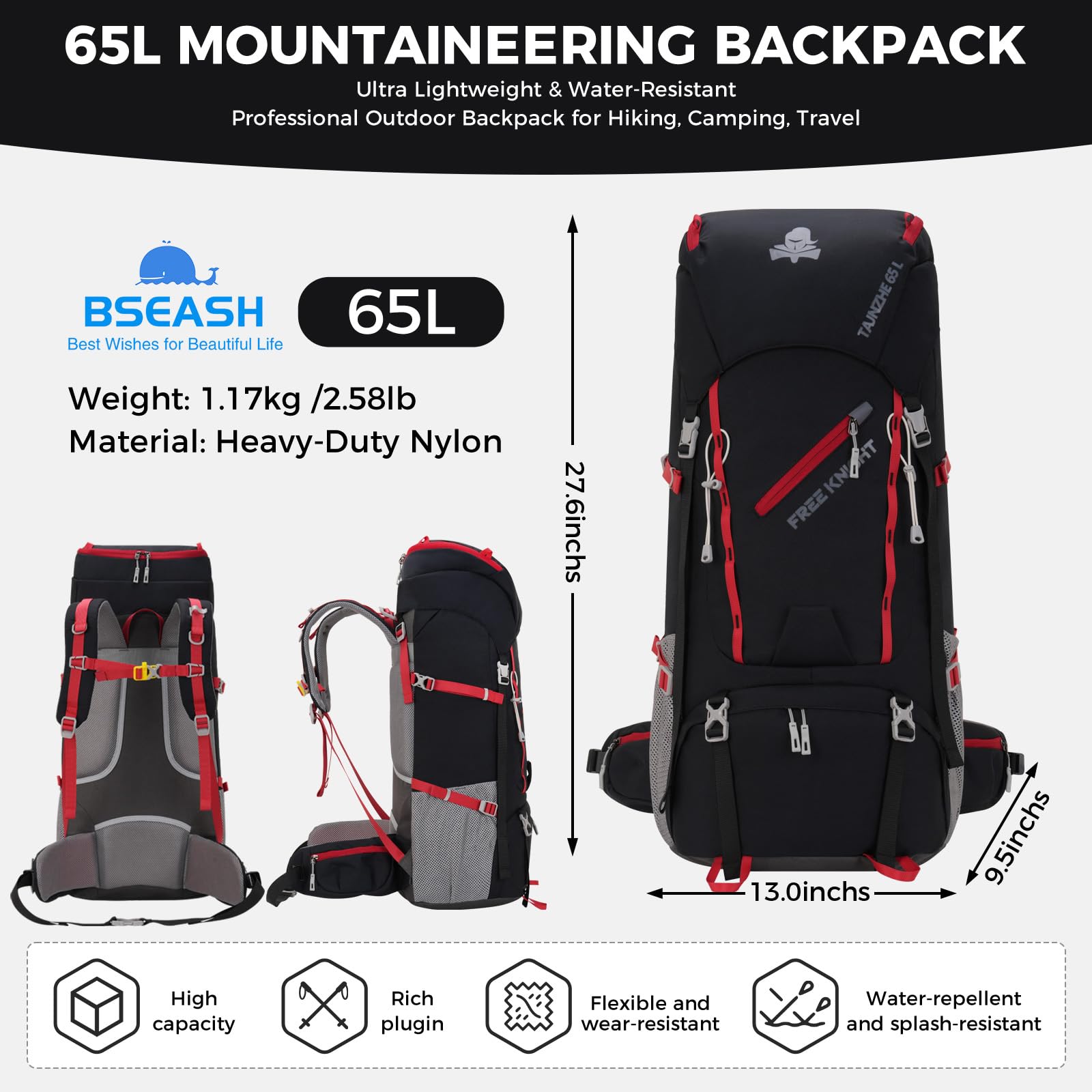 Bseash 65L Wasserdichter Wanderrucksack mit Regenschutz, Outdoor-Sport, Reisen, Tagesrucksack für Klettern, Touren