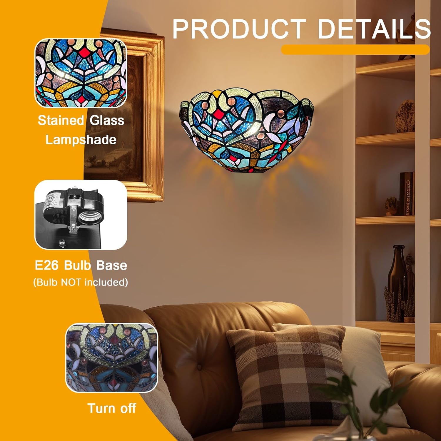 Capulina Tiffany Lamp Stained Glass Wall Sconces 2-Light 12 Inches Wide Gold Blue Color Tiffany Style Wall Lights for Hallway Stairway Bedroom Cinema Bathroom Home Office