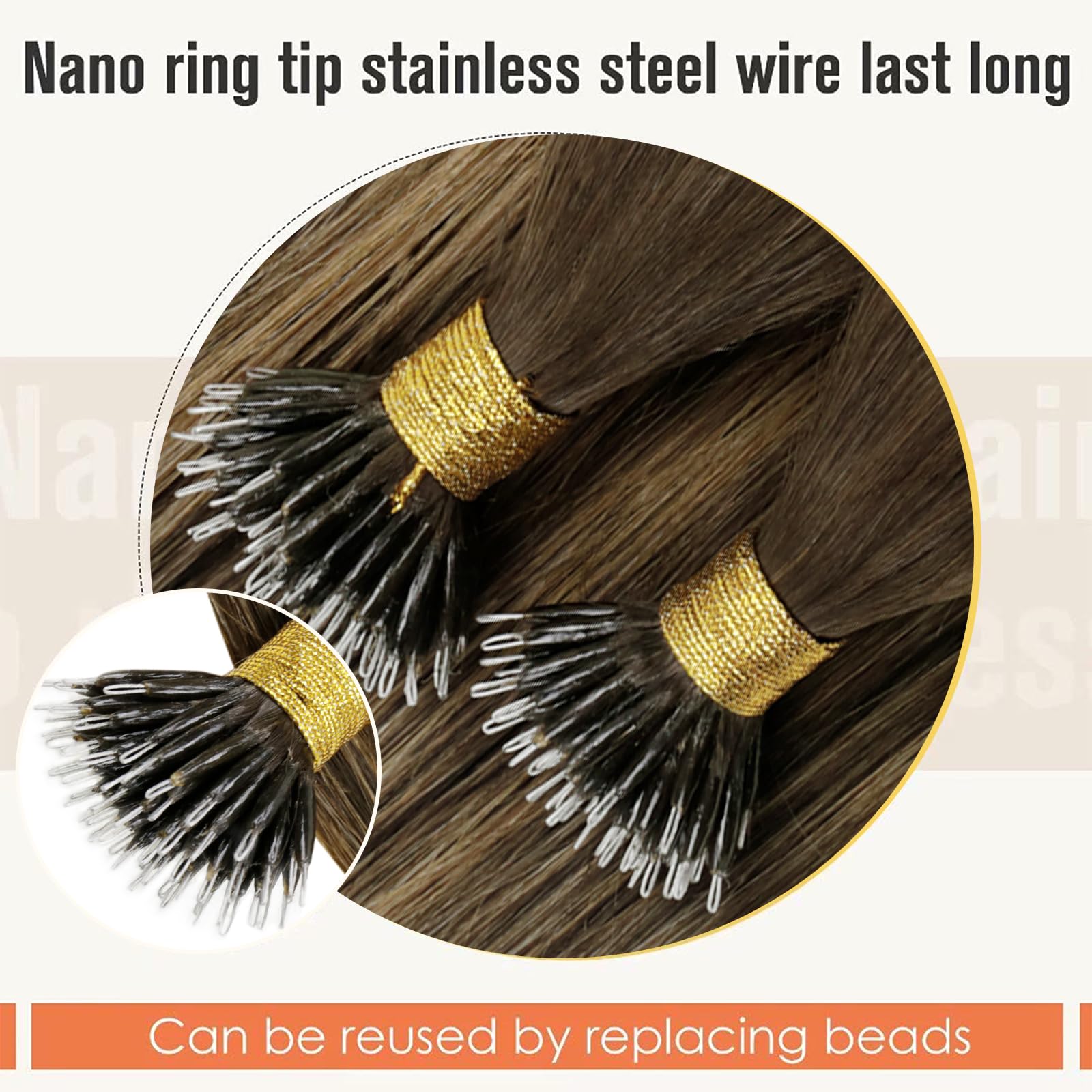 LaaVoo Nano Hair Extensions Real Human Hair 100g Full Head Nano Beads Hair Extensions Balayage Dark Brown to Medium Blonde Invisible Nano Ring Straight Remy Hair 100s 20 Inch #4/27/4 - Image 4