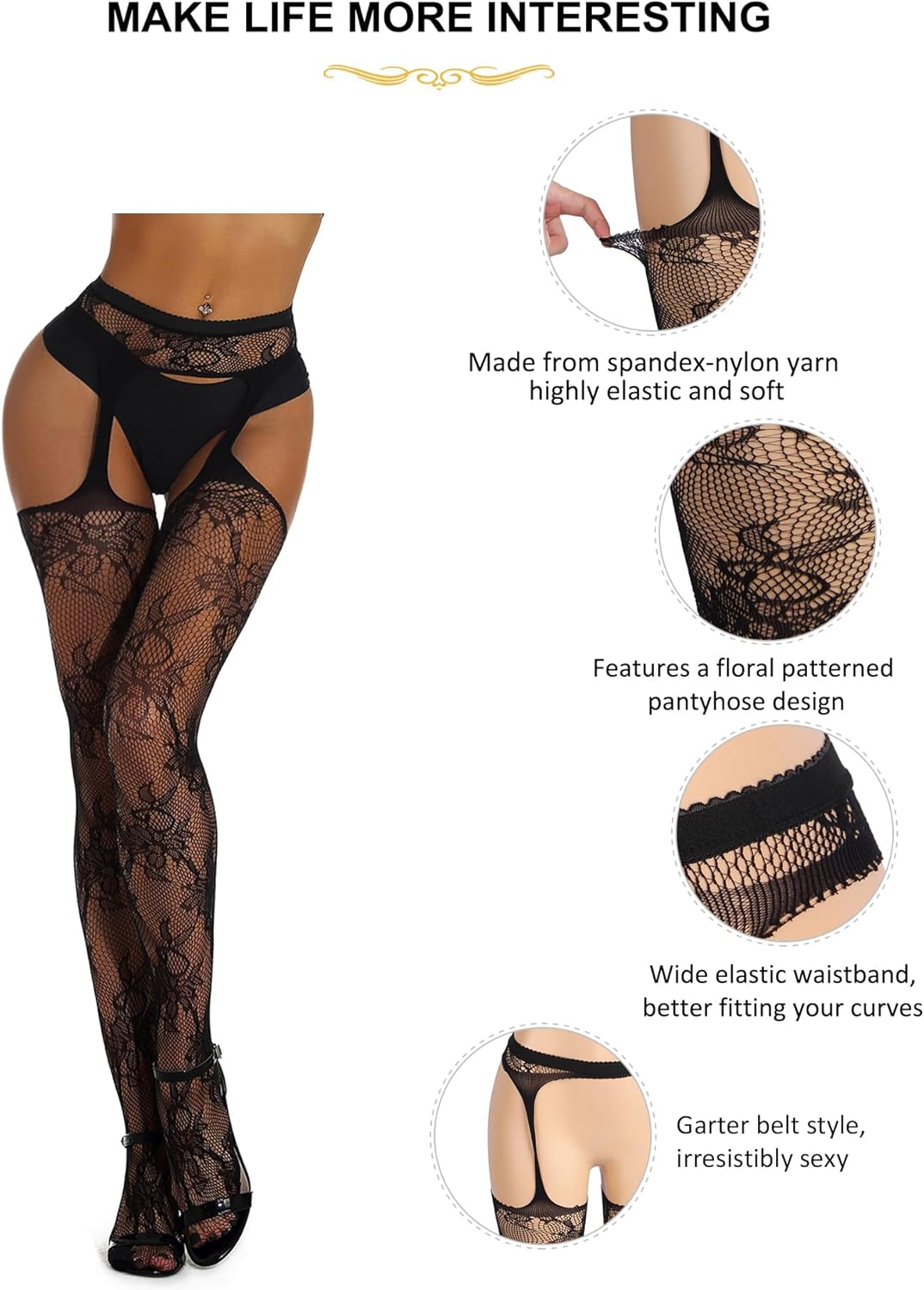 ohyeah Suspender Pantyhose for Women XS-5XL Floral Lace Fishnet Tights Thigh High Stockings with Garter Fishnet Leggings - Image 5