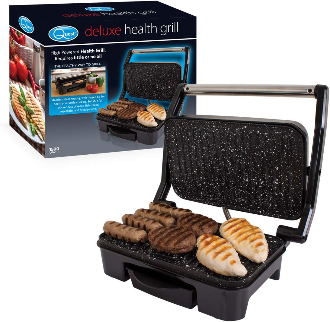 Quest 35600 Stainless Steel Deluxe Health Grill and Panini Sandwich Press, 1500 Watt, 33cm x 30cm x 13cm, Black