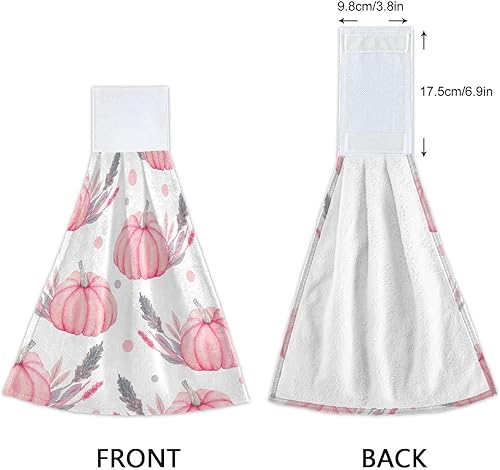Miniatura 4 de Juego de toallas de cocina colgantes de calabazas rosas otoñales, toallas de mano suaves con bucles súper absorbentes, toallas de terciopelo coral