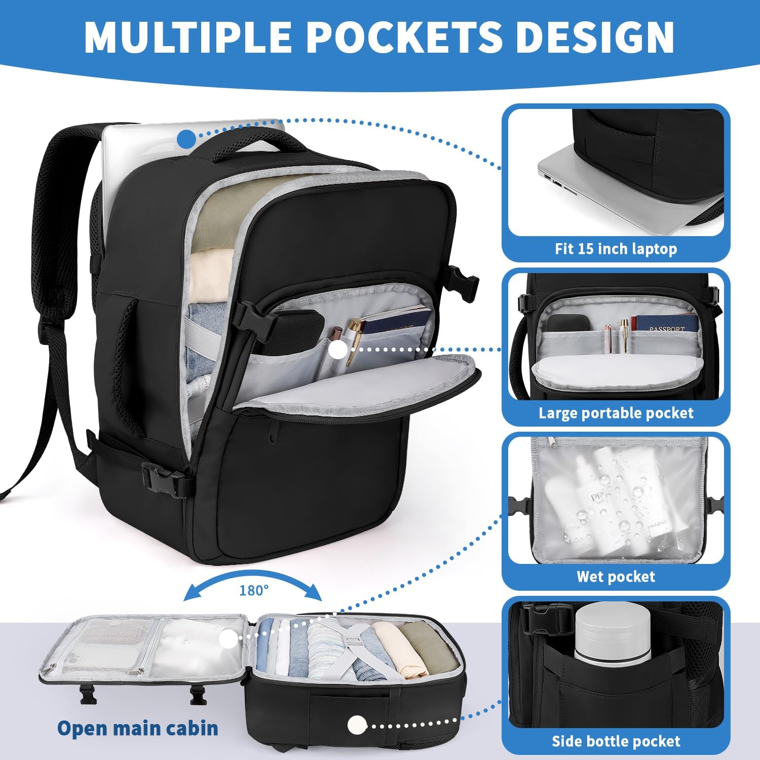 VSNOON Zaino Ryanair 40x30x20, 24L Zaino Bagaglio a Mano Zaino Viaggio per Uomo, Impermeabile zaino Da Viaggio per 15.6 Pc Portatile, za ino 40x30x20 per Ryanair, Wizz Air, Easyjet, Nero