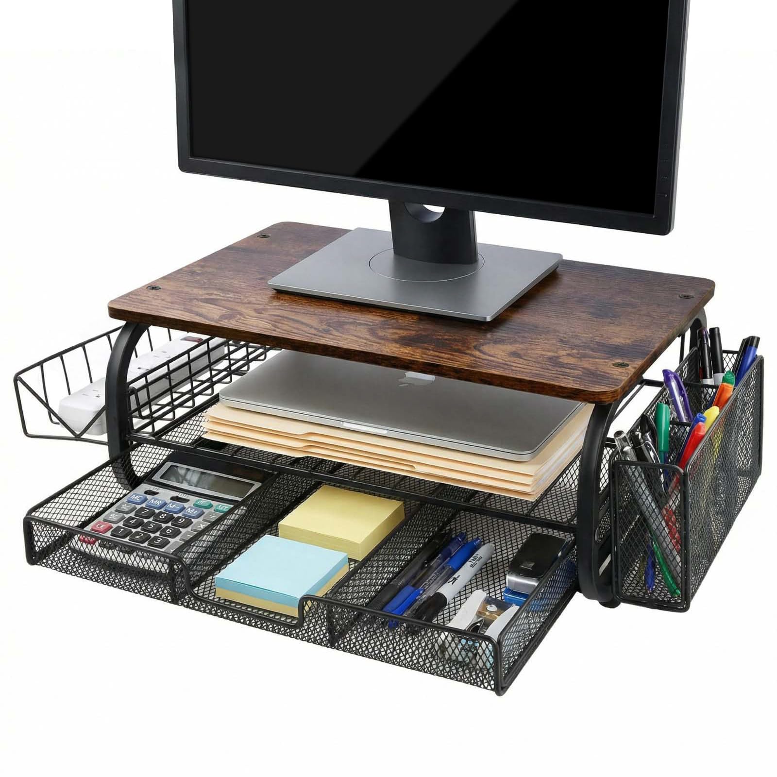 Soporte Monitor Escritorio, Mesa Elevador Monitor, Soporte Monitors Escritorio con Cajones, Elevador de Mesa con Organizador para Almacenamiento para Computadora/Impresora