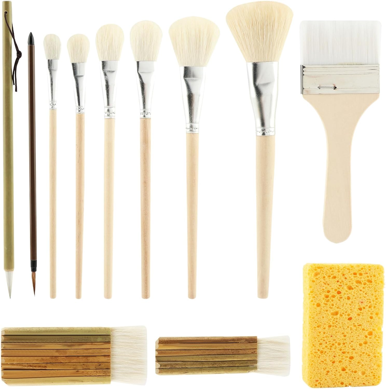 12 PCS Ceramic Painting Brush, Natural Goat Hair Glaze Brushes with Cleaning Sponge, Multi-Purpose Craft Brushes for Pottery Glazing, Watercolor & Acrylic Painting