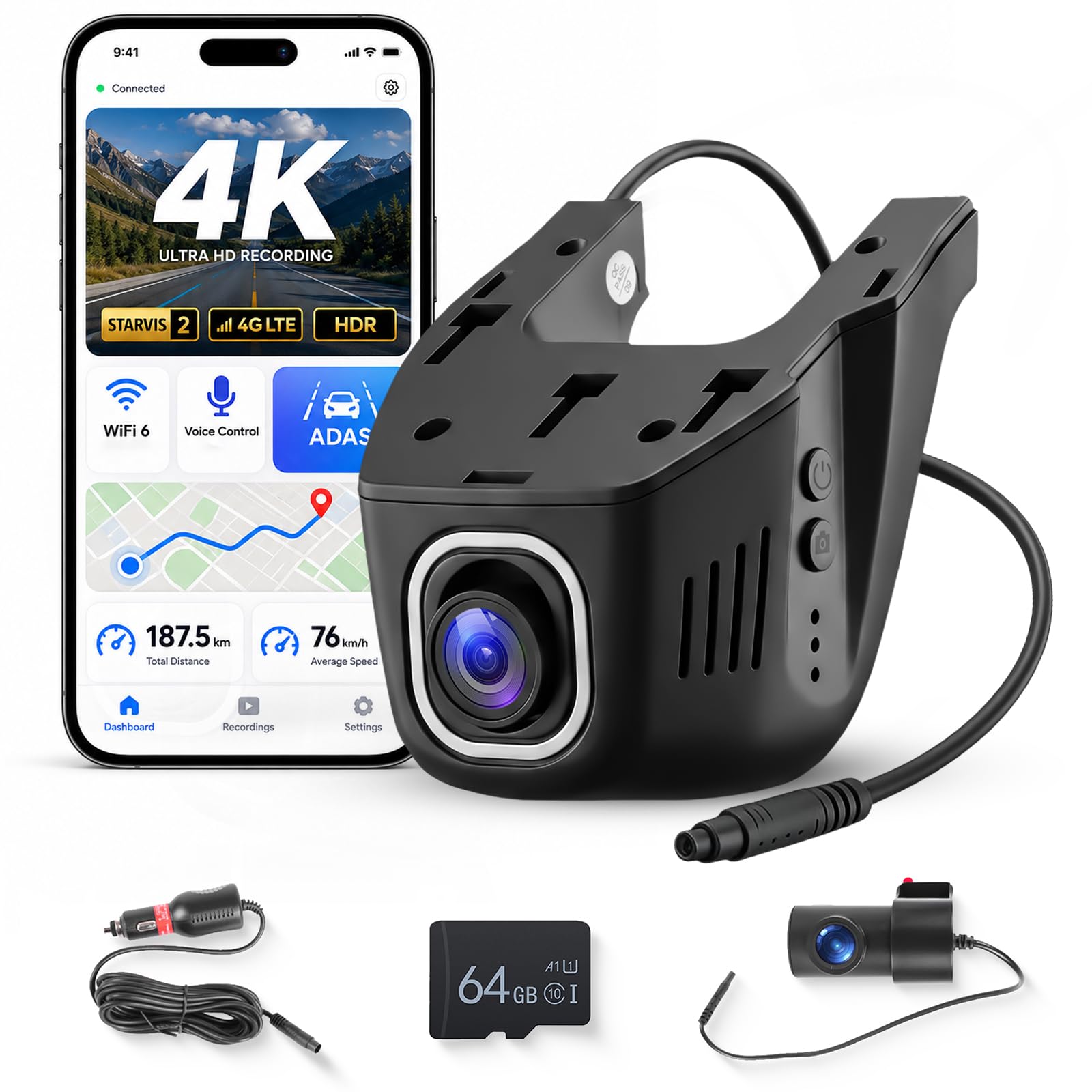Hodozzy Dash CAM 4K Delantera Trasera, Mini Cámara Coche WiFi 2160P Oculta | App Control, Gran Angular, Visión Nocturna, Grabación en Bucle G-Sensor DVR Dashcam para Todos los Coches Tarjeta