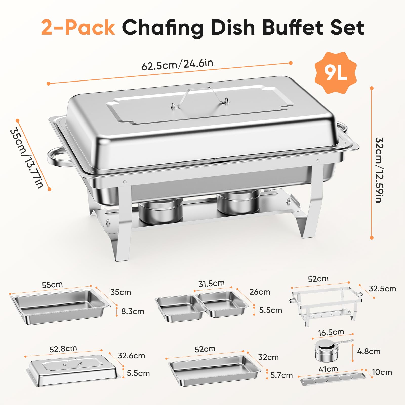 Chafing Dish Buffet 9L, Lot de 2 Chauffe-Plats en Acier Inoxydable Buffet Plat Chauffantou rechaud en Alimentaire pour Buffet,Bain Marie Professionnel,Maintien au Chaud,Traiteur,hôtel,Restaurant