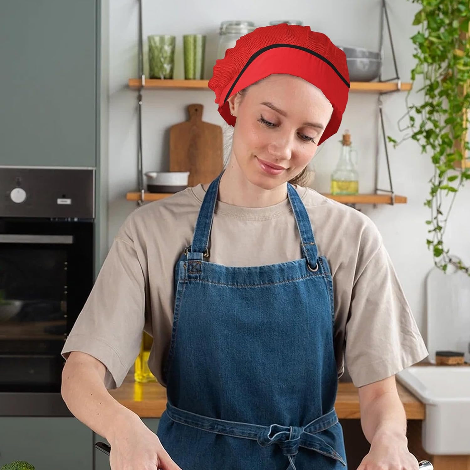 3 Pcs Elastic Kitchen Cooking Hat for Women Adjustable Chef Hat Food Service Mesh Cap Reusable Kitchen Cooking Hats Cook Chef Hair Nets Restaurant for Women (Black White Red) - Image 2