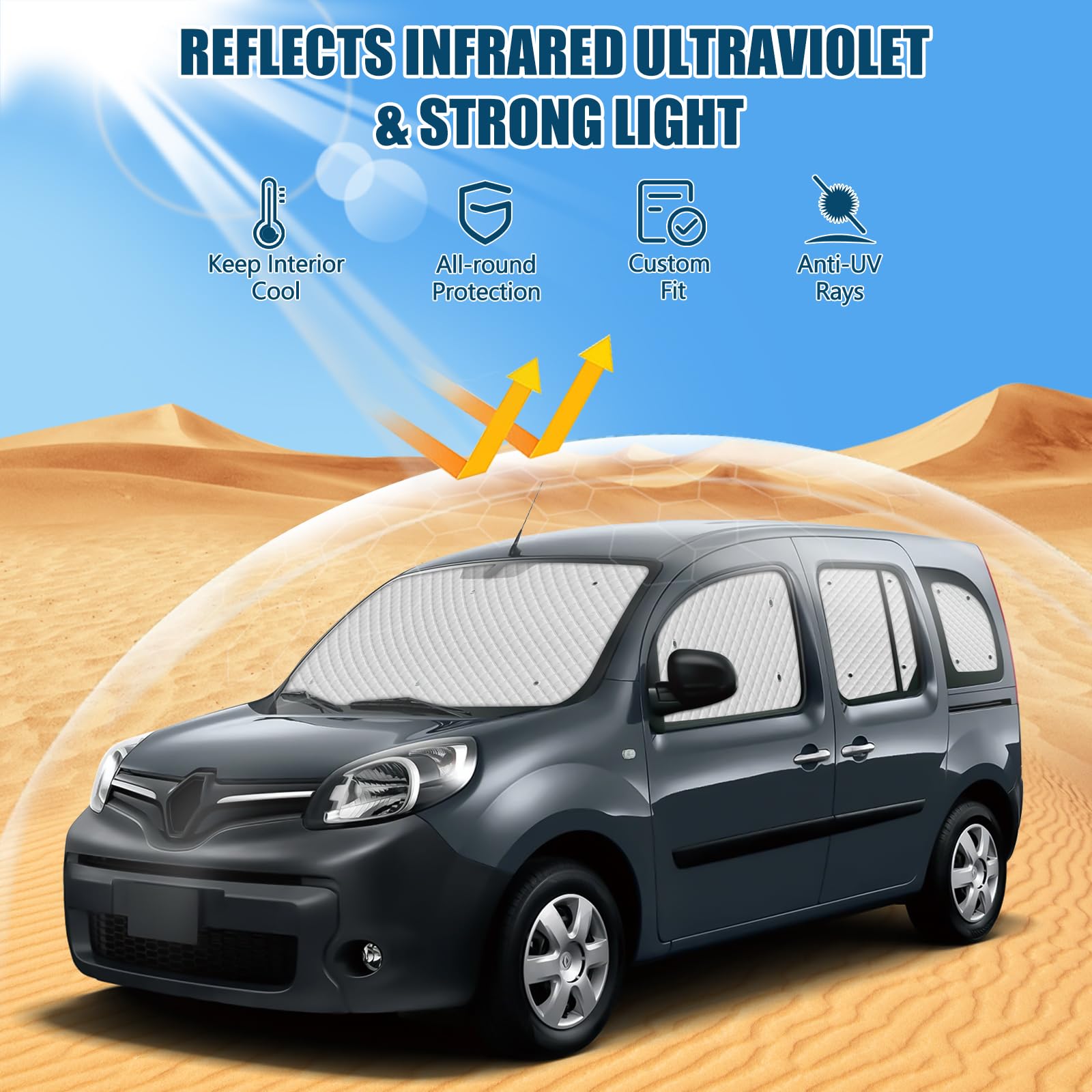 Pare-Soleil de Pare-Brise de Voiture Compatible avec Renault Kangoo Second Generation II X61 2007-2021, 8 Pièces Couverture de Pare-Soleil de Voiture Interne