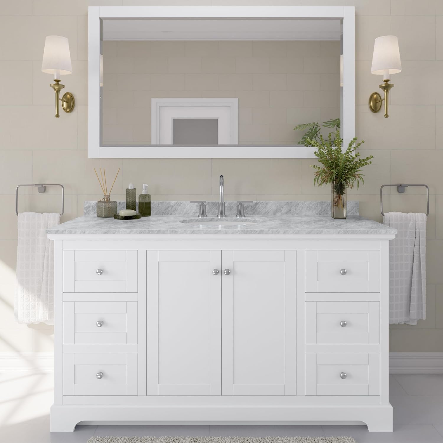 Wyndham Collection Avery 60 Inch Single Bathroom Vanity in White, White Carrara Marble Countertop, Undermount Oval Sink, and 58 Inch Mirror