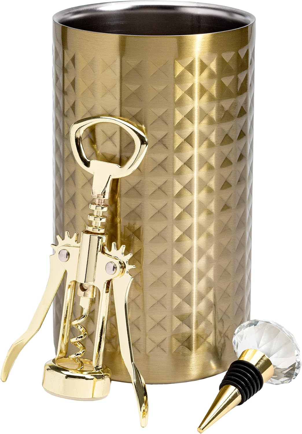 Paris Hilton Wine Bottle Chiller Set, Insulated Double Wall Chiller, Gold Winged Corkscrew Wine Bottle Opener, Diamond Wine Stopper, 3-Piece Set, Gold