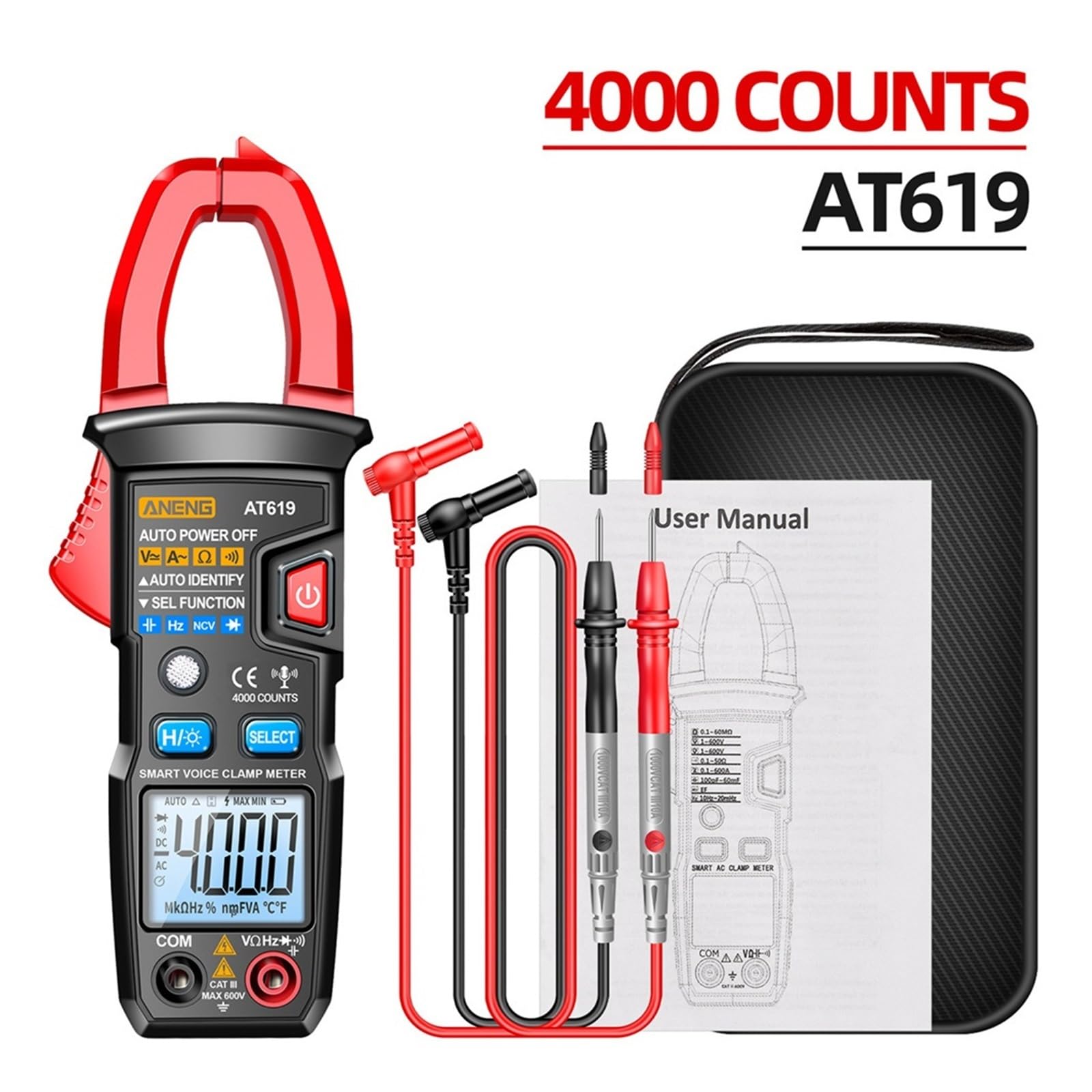 AT619 Smart Clamp Meter Voice Broadcast Multimeter 600A AC Current Voltage Tester Ammeter Capacitance NCV Ohm Test Tool(Red(no battery))