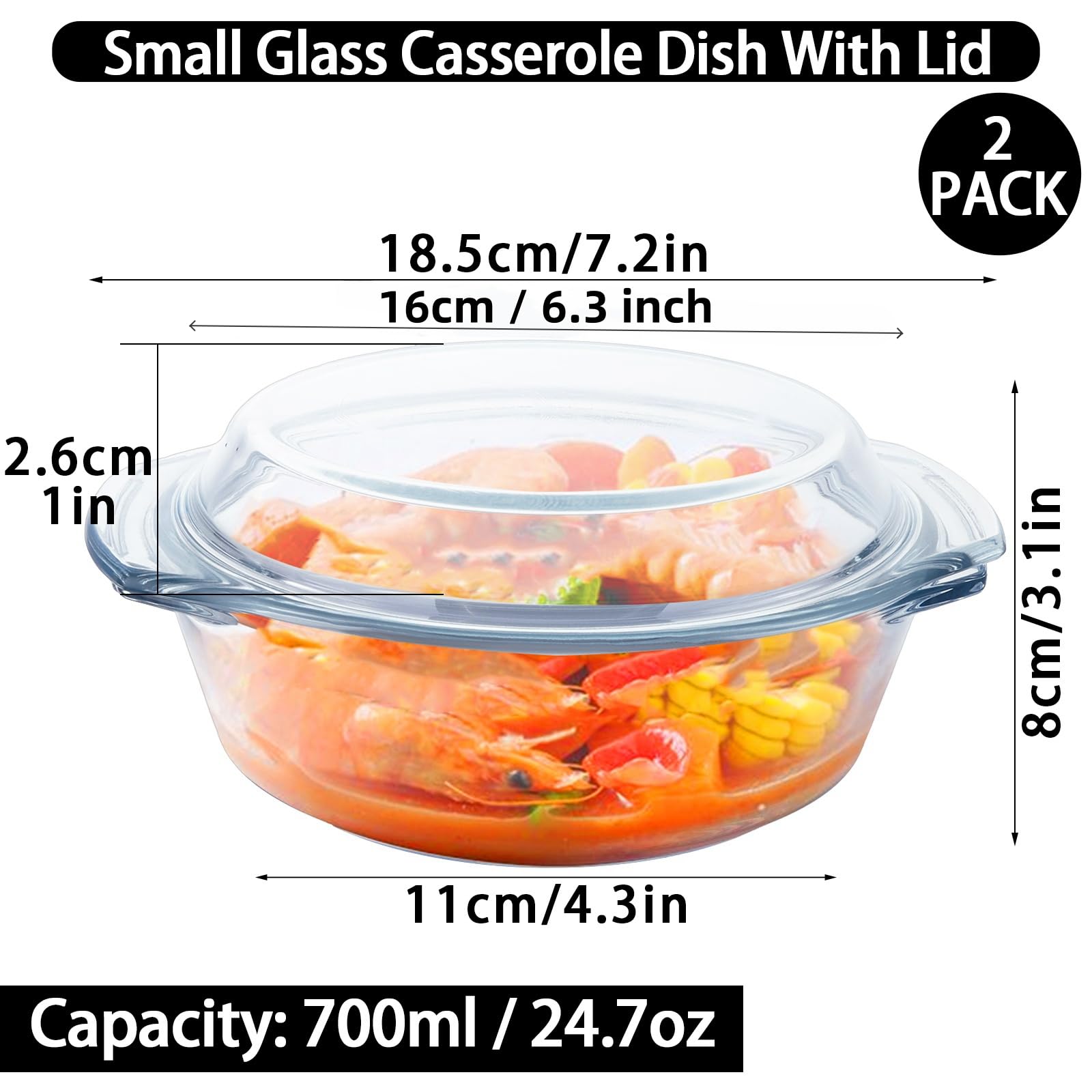 Lot de 2 petites cocottes rondes en verre de 0,7 l avec couvercle, 16 cm, plat de cuisson individuel en verre résistant au four pour aliments, pâtisserie, service