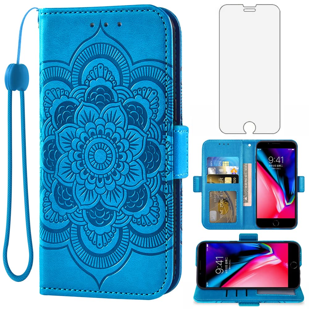 Asuwish Compatible with iPhone 7plus 8plus 7/8 Plus Wallet Case and Tempered Glass Screen Protector Flip Cover Card Holder Cell Phone Cases for i Phone7s 7s + 7+ 8s 8+ Phones8 7p 8p Women Men Blue