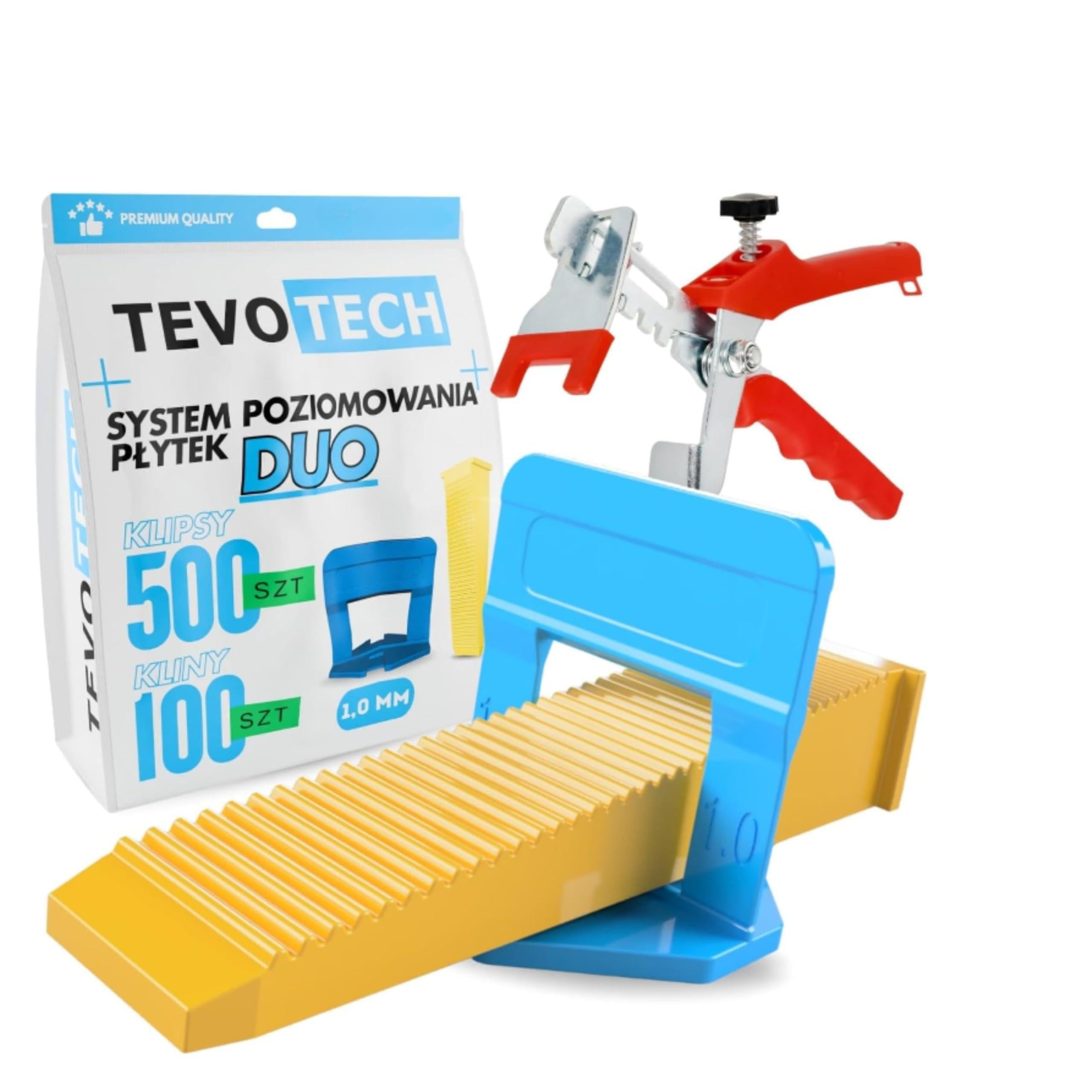 Juego de 500 clips de 1,0-2,0 mm con cuñas y pinzas, para azulejos de pared y suelo, gres porcelánico de gran formato (DUO Set 500 clips+cuñas+alicates – 1,0 mm)