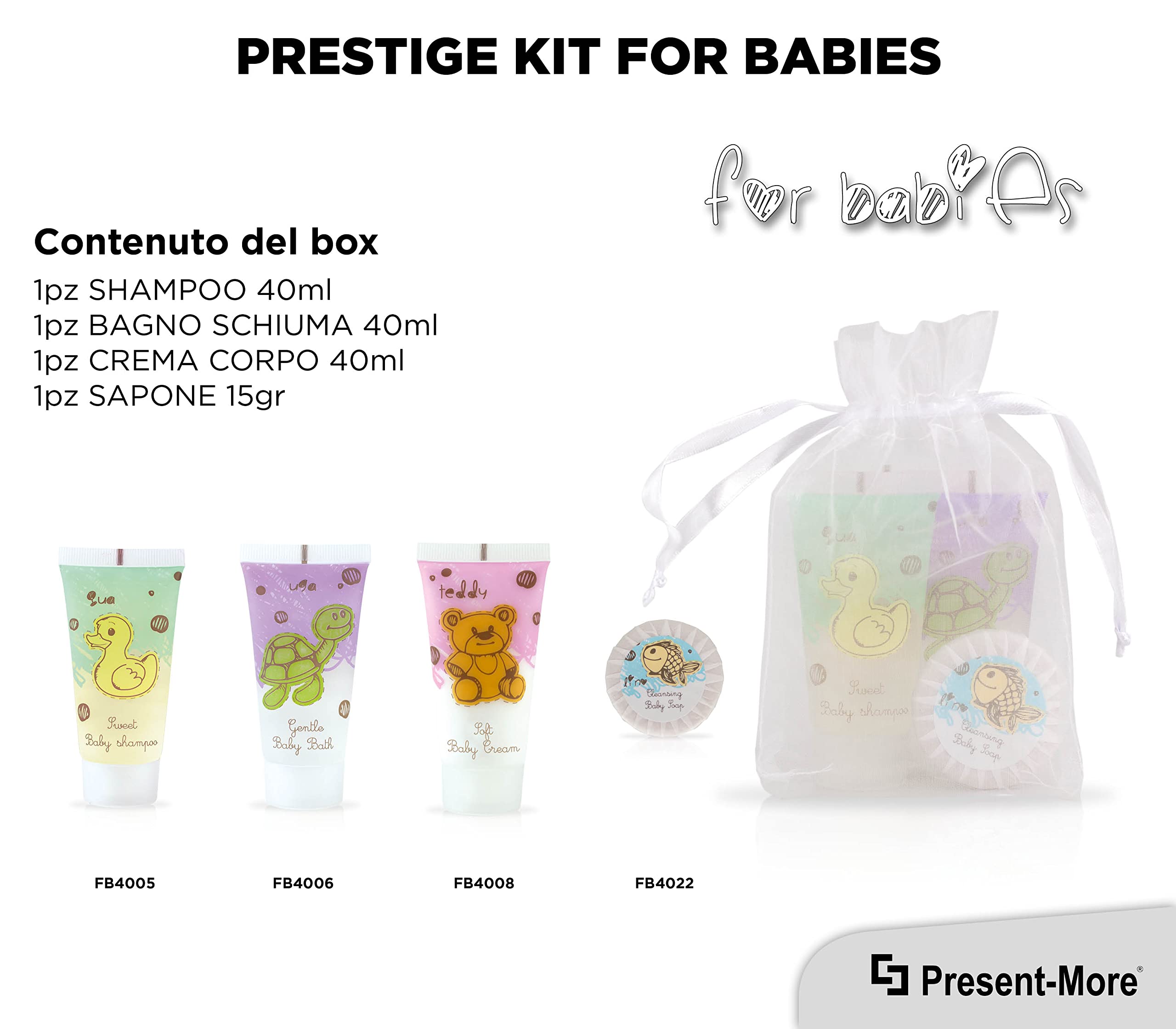 PRESENT-MORE - Set Cortesia 15 Ospiti For Babies | Fragranza Bubble - Shampoo, Gel Doccia, Crema Corpo e Sapone - Made in Italy - Per Hotel e B&B