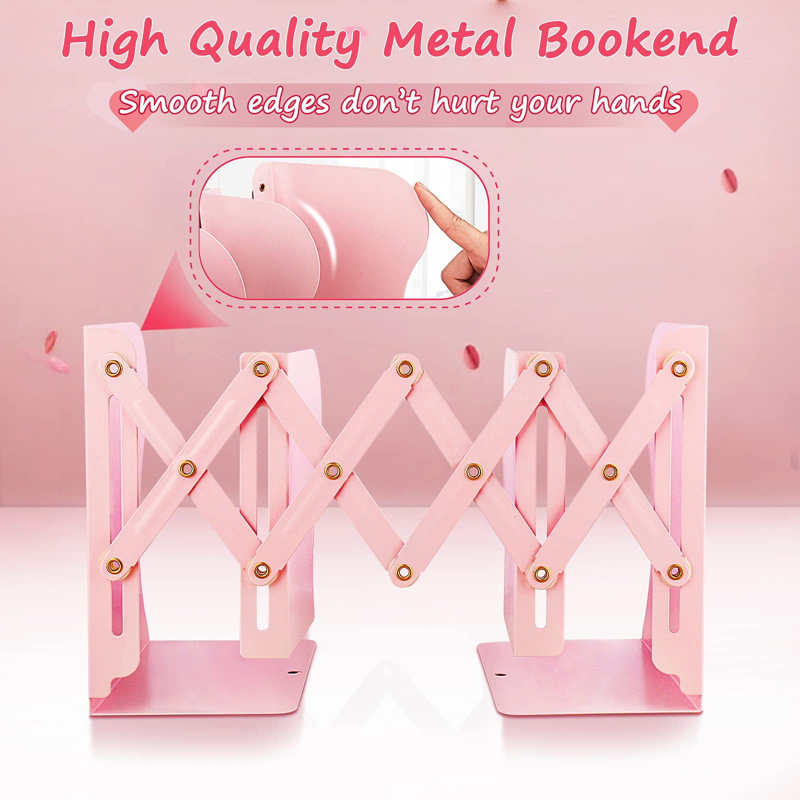 Sujetalibros antideslizantes para sostener libros, sujetalibros ajustables resistentes, sujetalibros de metal para estantes, organizador de libros rosa para escritorio, se extiende hasta 19