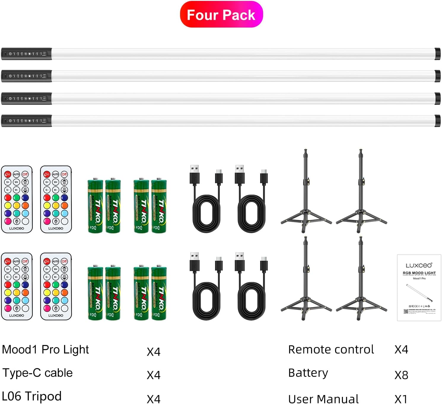 4 Pack RGB DJ Tube Lights 4ft LED Video Stick Lights with Stand 5000mAh Battery Powered Color Neon Light Bar for Parties Dance 360 Photo Booth Studio Photography Wedding Stage Lighting
