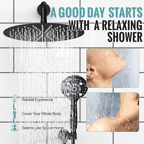 Miniatura 109 de SR SUN RISE Sistema de ducha – Sistema de cabezal de ducha de alta presión de 12 pulgadas – 6 ajustes de cabezal de ducha de mano – Juego de grifo