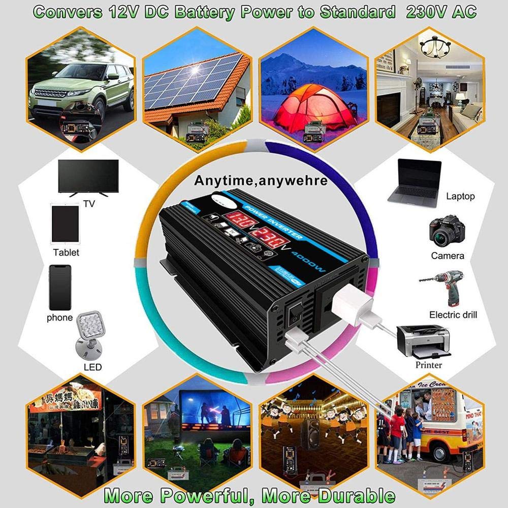 Inverter 12V 220V 4000W - Auto Power Inverter con Dual USB e Onda sinusoidale modificata (Black 12v 220v)