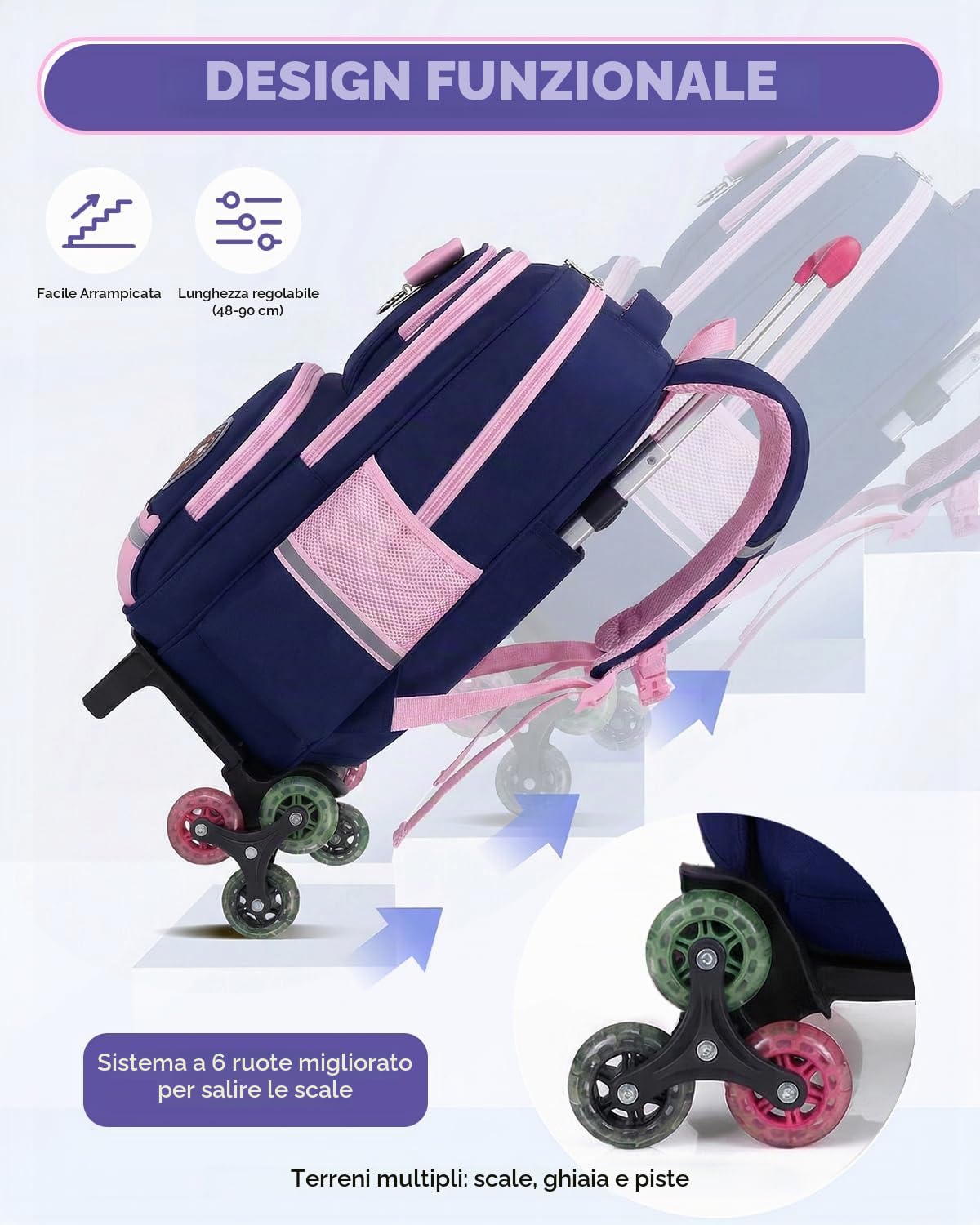 Amythe Zaino Trolley per Bambina Scuola Elementare Leggero, 6 Ruote Blu | Zaino Elementari Bambina con Carrello, Zaini Bambini 6-10 anni Idrorepellente con Fasce Riflettenti e Pettorina, Ritorno