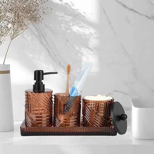 Miniatura 9 de Juego de accesorios de baño, 4 piezas de accesorios de baño de vidrio verde, dispensador de jabón de loción, soporte para cepillos de dientes,