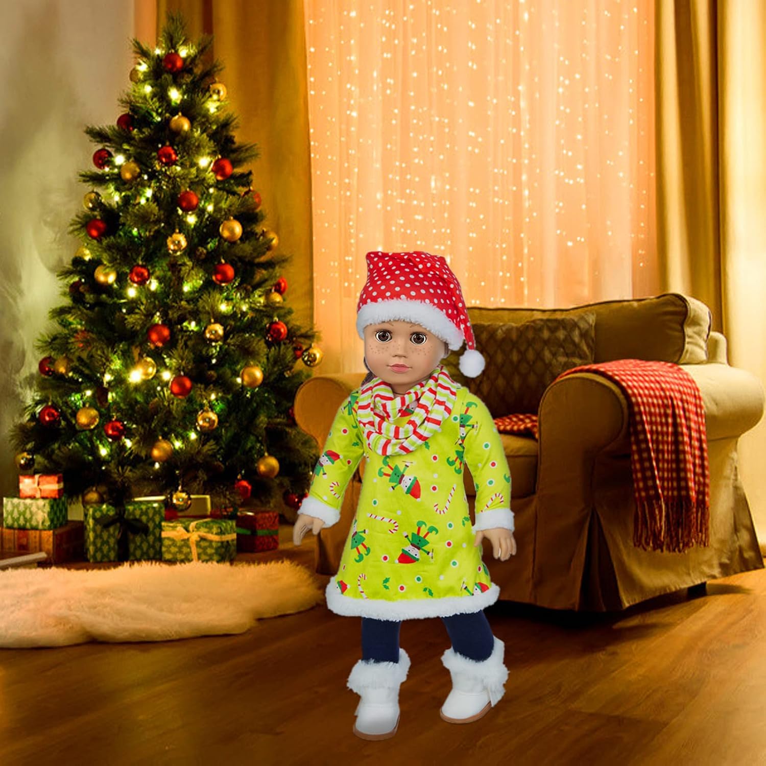 4 Sets Christmas 18 inch Doll Clothes Accessories for 18 inch Dolls Include Sweater, Dress, Rompers, Outfits, Hat, Scarf, Gloves (No Doll, No Shoes)