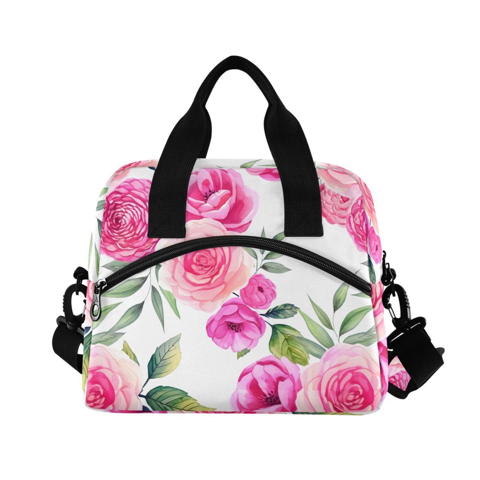 Sinestour Insulated Lunch Bag Reusable Cooler Pink Roses Leaves Lunch Box Adjustable Shoulder Strap for Men Women Adults