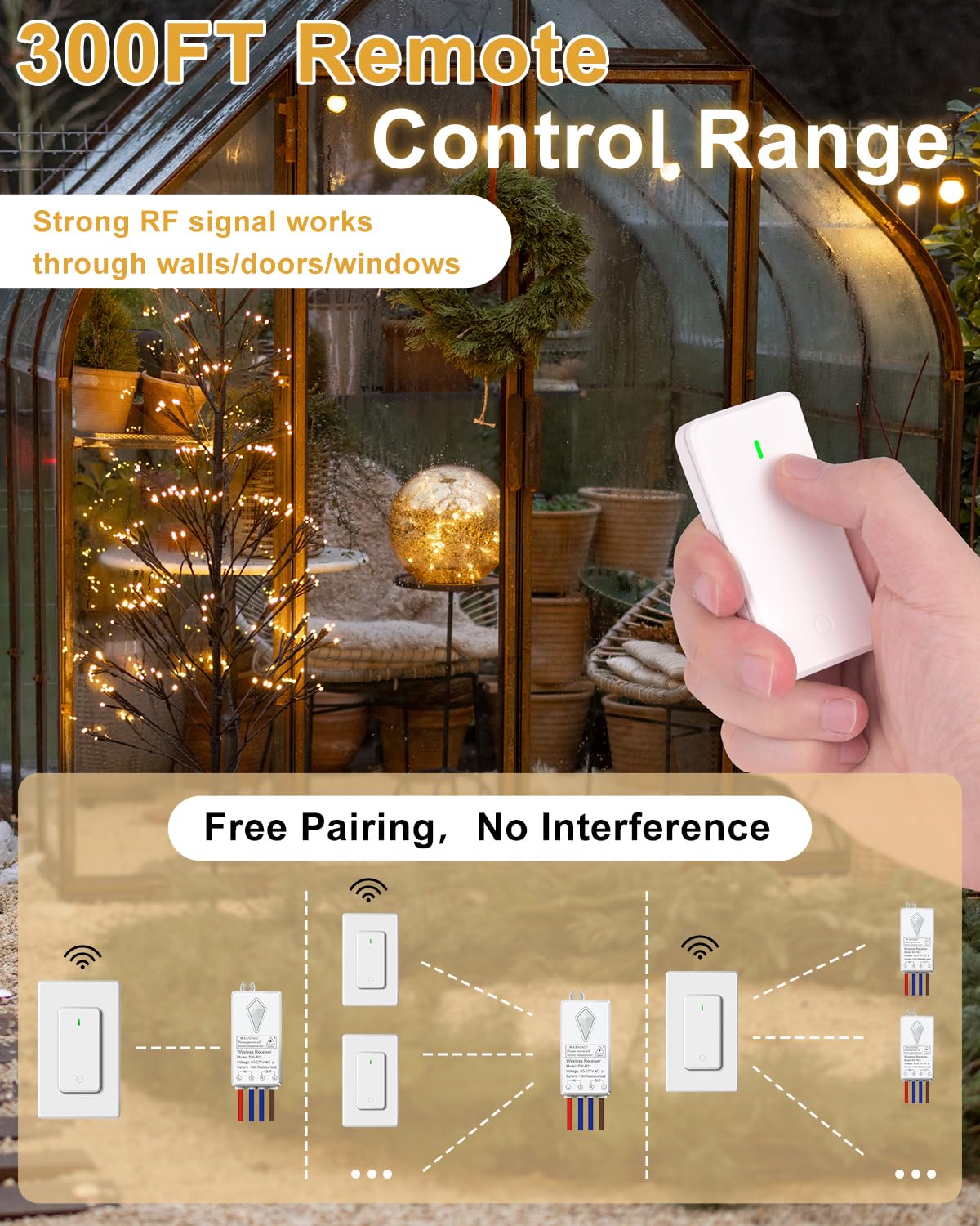 Greencycle Wireless Light Switch and Receiver Kit,Remote Buckble & Removable Wall Switch with No Wiring,1300FT RF Range,10A 1000W for LED Lights,Ceiling Lights,Fans,IP66 Waterproof for Bathroom,2 REV