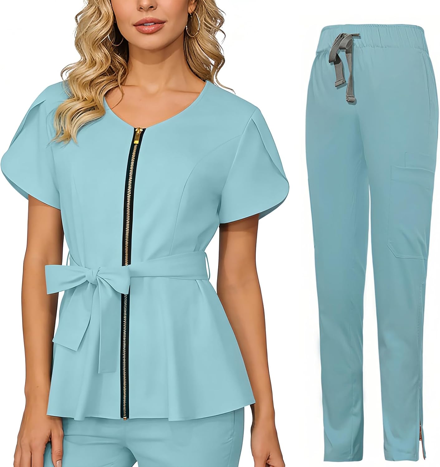 Nurse Scrubs for Women V Neck Blouse Tunic Scrub Set Workwear Uniform Stretch Nursing Jogger Pants Belt
