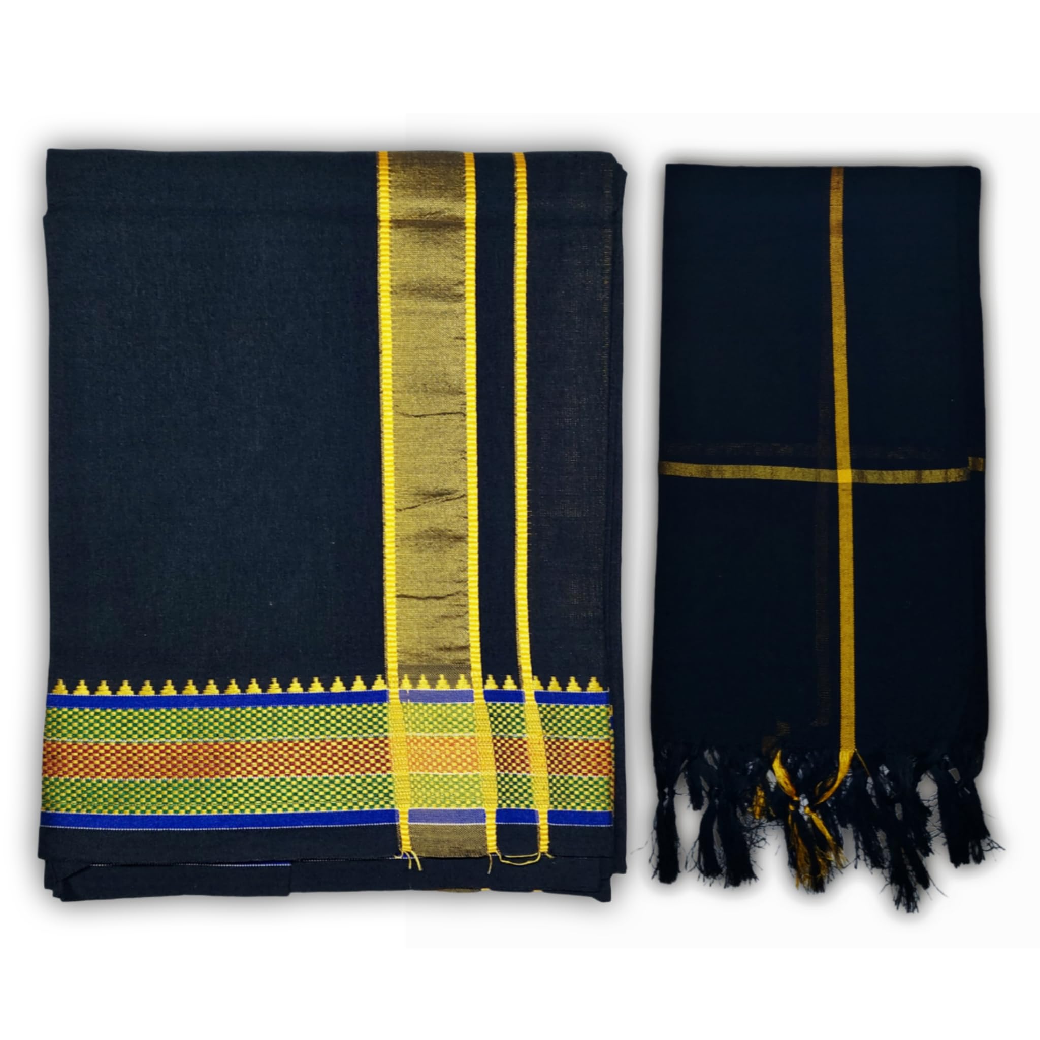 AYLA WORLD Cotton Blue/Black Dhoti with Border and With/Without Towel (Thundu), Traditional Kerala Mundu Vesti for Men, 2 Meter, Religious and Cultural Wear, Sabarimala Ayyappa Swamy Dress-picture-46